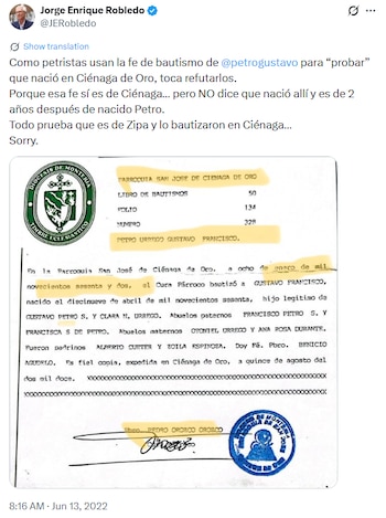 Jorge Enrique Robledo cuestionó el lugar de nacimiento de Gustavo Petro mostrando su fe de bautismo - crédito @JERobledo / X