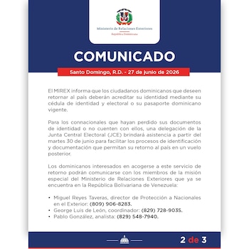 Los dominicanos en Venezuela deben presentar cédula o pasaporte vigente para abordar el vuelo humanitario, y la JCE asistirá a quienes no tengan documentos. (Imagen: Ministerio de Relaciones Exteriores)