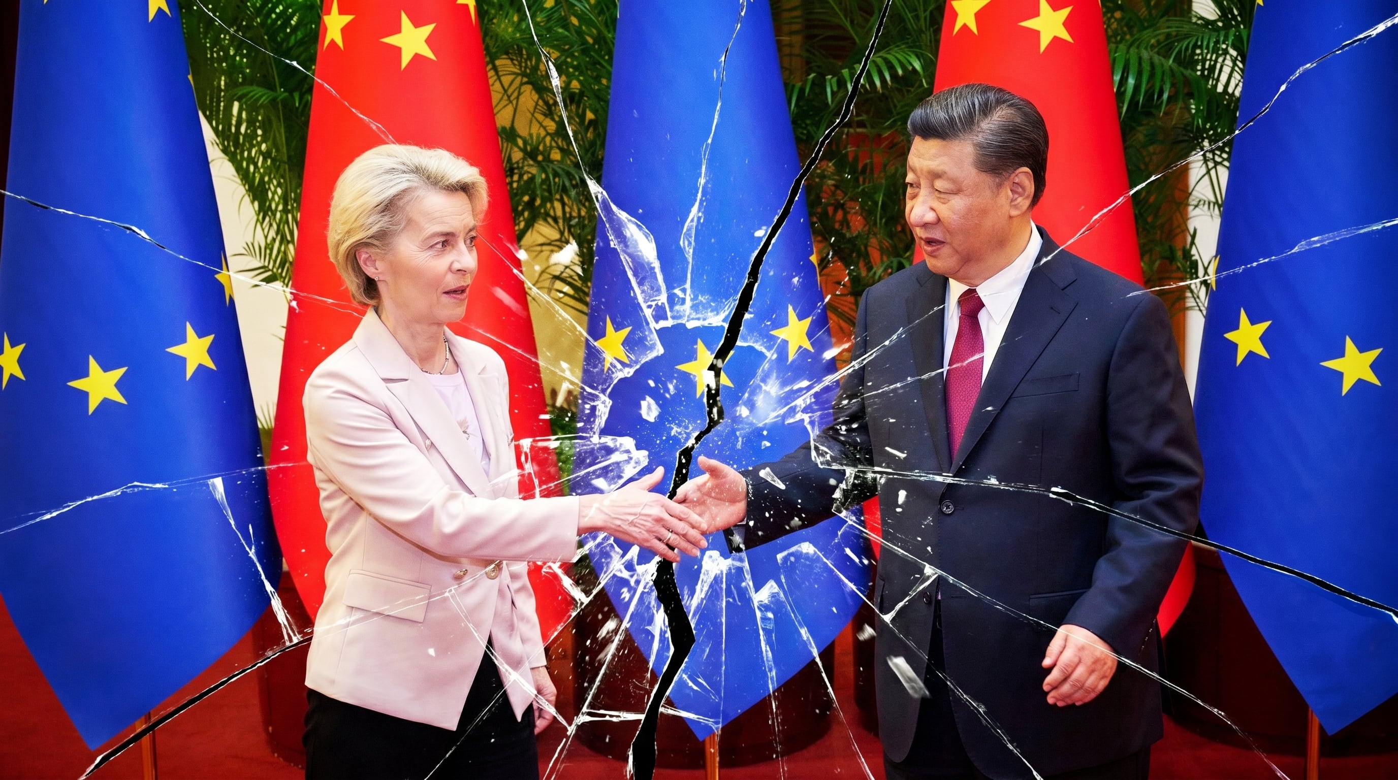 Ursula von der Leyen y Xi Jinping se dan la mano bajo un efecto visual de cristal roto que simboliza la tensión por el