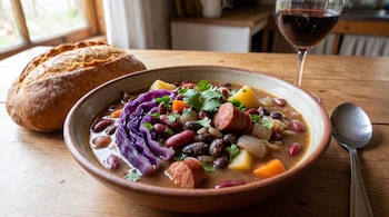 Un tazón de guiso con porotos rojos y pintos, salchicha, repollo morado, papas y zanahorias, al lado de pan rústico y una copa de vino tinto sobre una mesa de madera.