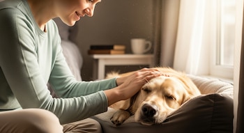 Primer plano de una persona acariciando suavemente a un golden retriever dormido en su cama. La luz del sol entra por una ventana, revelando partículas de polvo.