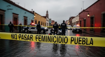 Cinta policial amarilla con el texto 'NO PASAR FEMINICIDIO PUEBLA' en primer plano, con policías, patrullas y edificios desenfocados detrás.