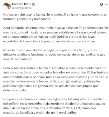 Petro sostuvo que si se hubiera realizado el empalme entre administraciones, entendería las fallas de su postura contra los grupos armados - crédito @petrogustavo/X