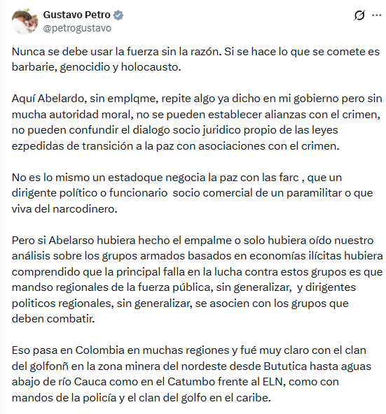 Petro sostuvo que si se hubiera realizado el empalme entre administraciones, entendería las fallas de su postura contra los grupos armados - crédito @petrogustavo/X