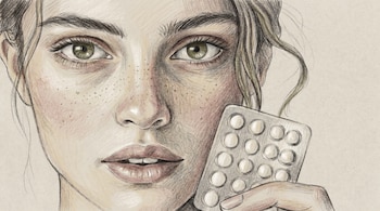 Primer plano de una ilustración de una mujer joven con ojos verdes y pecas, con el cabello suelto, sosteniendo un blíster de pastillas en su mano derecha.