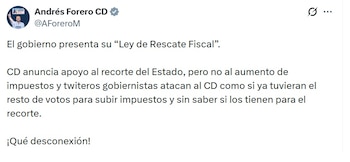 Andrés Forero, senador, dijo que los que critican al CD por la Ley de Rescate está desconectados - (@AForeroM/X)