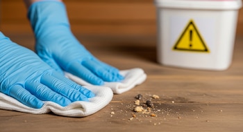 Manos con guantes azules limpian una superficie de madera con un paño blanco, cerca de excrementos y restos. Contenedor con señal de advertencia al fondo.