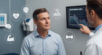 Un hombre en camisa azul escucha a un doctor que señala una gráfica de "TESTOSTERONE LEVELS" en un monitor. Íconos flotantes de cerebro, corazón, músculos y huesos se ven en la clínica.