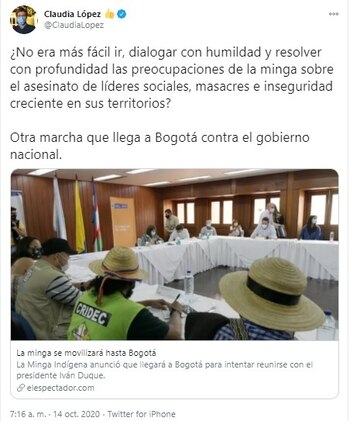 Claudia López manifiesta su posición