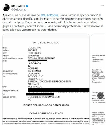 Coral identificó a la denunciante como Diana Carolina López Garzón - crédito @Betocoralg/X
