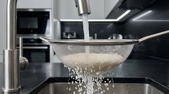 Agua cayendo de un grifo a un colador metálico con arroz blanco sobre un fregadero de cocina moderna. Granos de arroz caen por la malla.
