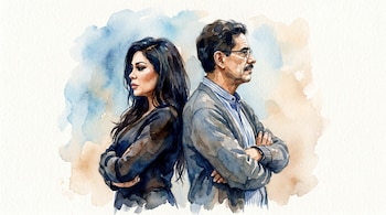 Ilustración acuarela de un hombre y una mujer de espaldas, brazos cruzados, mirando en direcciones opuestas. Fondo con manchas azules y beige.