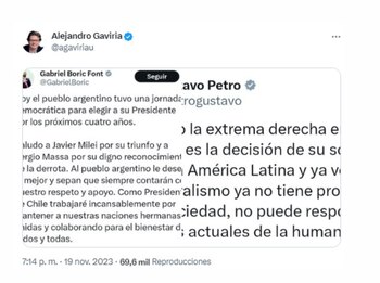 Esta fue la respuesta que ofreció Alejandro Gaviria tras el triunfo de Javier Milei en las elecciones presidenciales de Argentina - crédito @agaviriau/X
