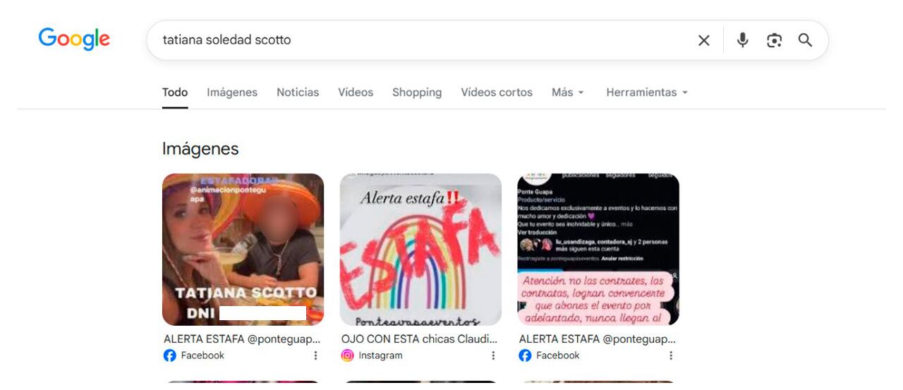 Al poner el nombre completo de Tatiana en Google aparecen varios grupos de estafados