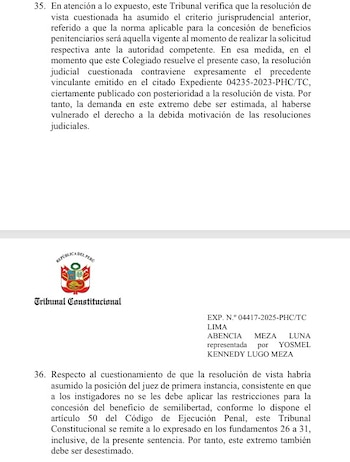 TC anula resolución de segunda instancia que rechazó apelación de Abencia Meza, pero no cambiará el hecho de que no puede acceder a la semilibertad.