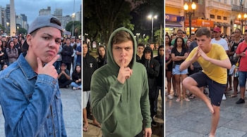 Tres paneles muestran a jóvenes haciendo gestos: uno con la mano en el mentón, otro con el dedo en los labios y otro en postura de artes marciales.
