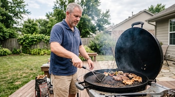 Un hombre con camiseta azul usa un cepillo metálico para limpiar una parrilla redonda con alimentos en un patio.