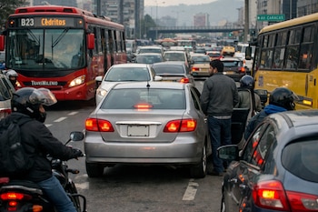 Vista trasera de un carro plateado detenido con luces de emergencia en una avenida de Bogotá, rodeado por tráfico denso de buses, autos y motos.