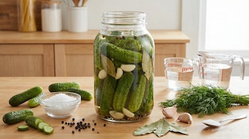 Un frasco de pepinillos encurtidos con ajo, laurel y eneldo sobre una encimera de madera. Pepinos frescos, sal, pimienta, ajo y eneldo están alrededor.