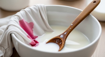 Una tela blanca con una mancha de vino tinto sumergida en un cuenco blanco con líquido lechoso y una cuchara de madera.