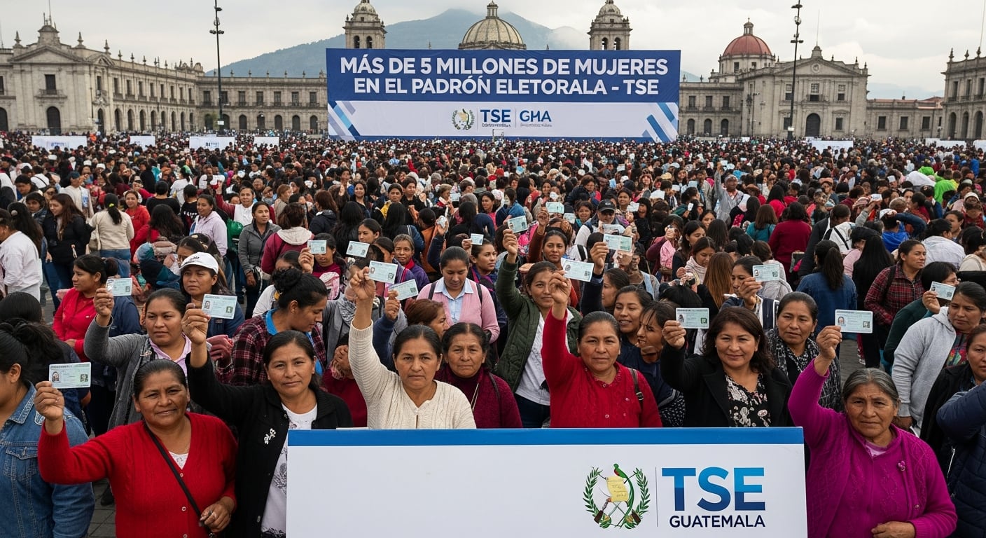 Una multitud de mujeres en Guatemala muestra sus documentos de identificación frente a una pancarta que indica más de cinco millones de mujeres en el padrón electoral del TSE. (Imagen Ilustrativa Infobae)