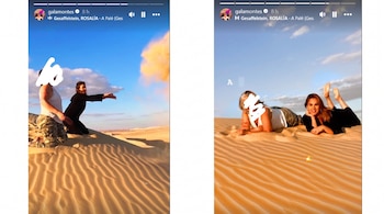 Collage de dos capturas de redes sociales que muestran a Gala Montes y otra persona posando sobre dunas de arena bajo un cielo azul.