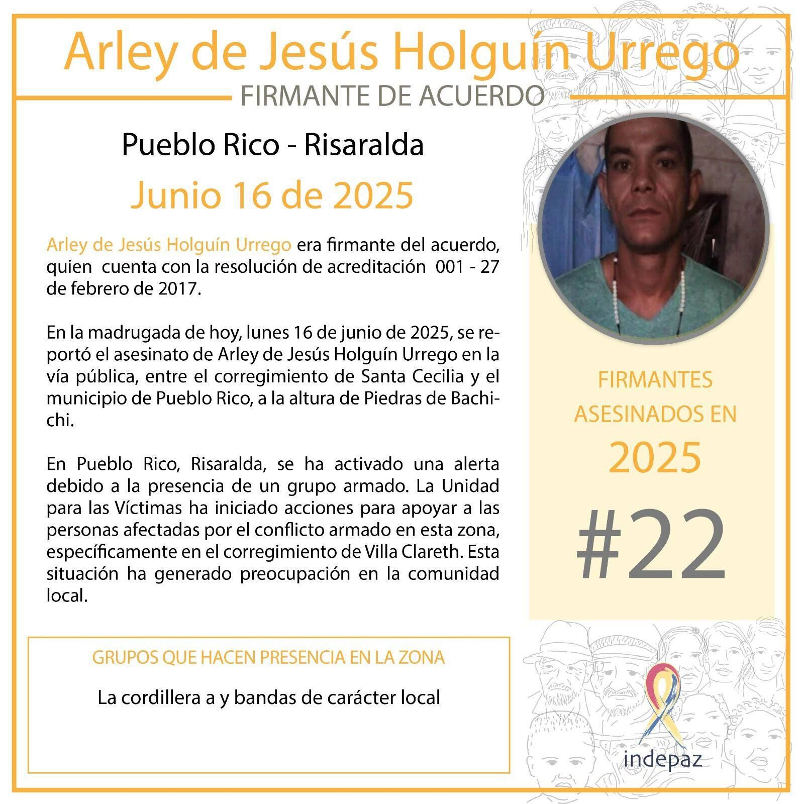 Asesinan firmante de paz en Pueblo Rico, Risaralda - crédito Indepaz
