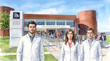 Pintura de tres investigadores con batas de laboratorio, dos hombres y una mujer, de pie frente a la fachada de la Universidad Nacional de Río Cuarto con estudiantes.