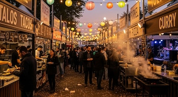 Una calle llena de puestos de comida iluminados por linternas de papel de colores y luces cálidas, con multitudes de personas caminando y comiendo.