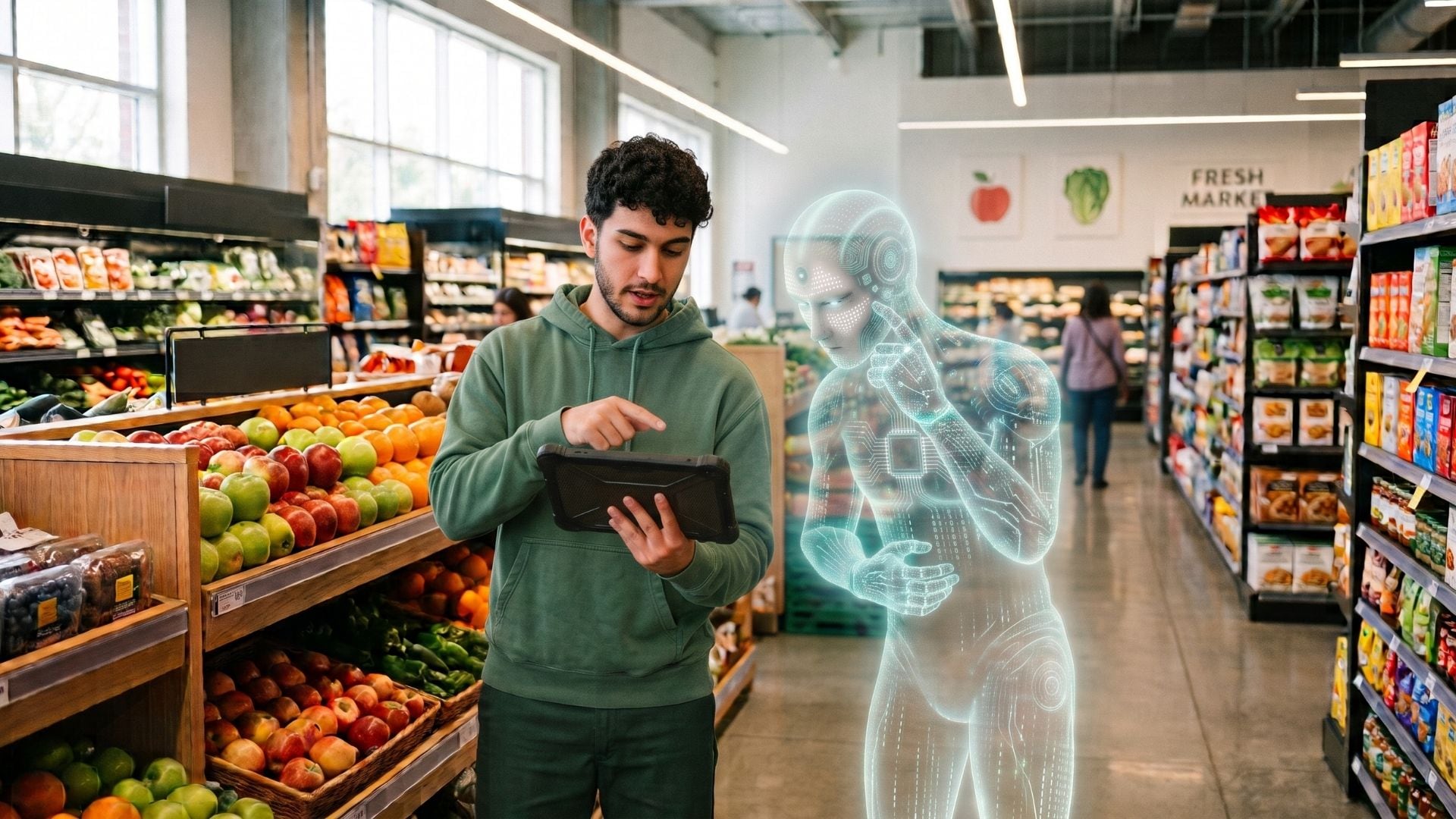 Un hombre consulta una tableta digital al lado de la representación holográfica de un robot en el área de frutas de un supermercado. (Imagen Ilustrativa Infobae)