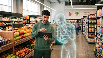 Un hombre con sudadera verde usa una tableta junto a un holograma humanoide azul en la sección de frutas de un supermercado