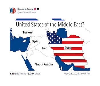 Un post de Donald J. Trump con un mapa del Medio Oriente: Irak con el patrón de estrellas de la bandera de EE.UU. e Irán con sus franjas, titulado "¿Estados Unidos de Medio Oriente?".
