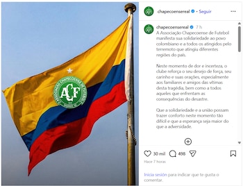 Esto fue lo que expresó Chapecoense para el pueblo colombiano, después del sismo - crédito Chapecoense