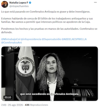Natalia López Fuentes exige investigar presunta red política que opera en Comfenalco Antioquia - crédito @nlopezfuentes/X