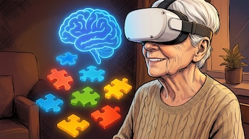Primer plano de una persona mayor usando un visor de realidad virtual, con un cerebro azul brillante y varias piezas de puzle de colores flotando.
