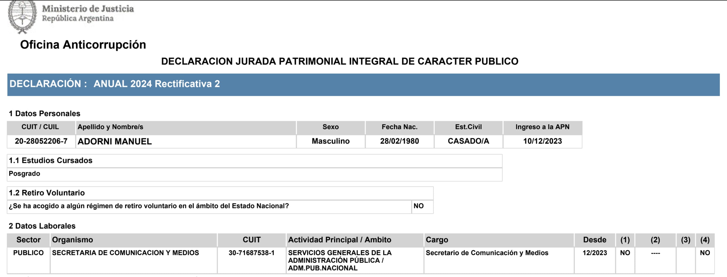 DDJJ 2024 Anual Rectificativa 2 que Adorni presentó ante la OA el 10 de junio último