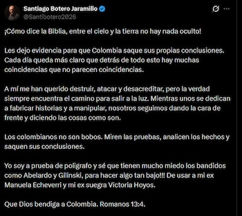 El candidato presidencial , Santiago Botero, relacionó el operativo policial con una investigación por violencia intrafamiliar en su contra - crédito @Santibotero2026/X