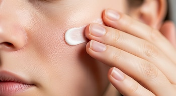 Primer plano de una mejilla con poros y enrojecimiento leve, junto a una nariz y boca. Una mano con dedos extiende crema blanca sobre la mejilla.