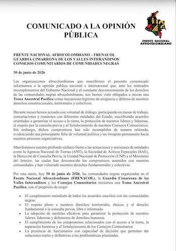 Las comunidades afrodescendientes reclamaron al Gobierno Nacional el cumplimiento de acuerdos pendientes -crédito Frente Nacional Afrocolombiano