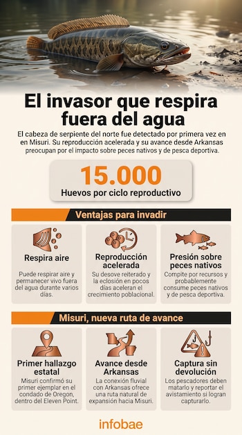 Ilustración de un pez alargado en la orilla de un río sobre varios recuadros de texto con datos e iconos explicativos.