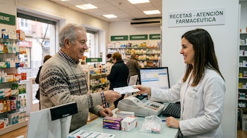 Un hombre canoso entrega un papel a una farmacéutica sonriente tras un mostrador con medicamentos y una caja registradora.