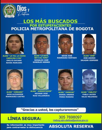 Una mujer y un hombre hacen parte de los 8 más buscados por vender droga en Bogotá - crédito @PoliciaBogota/X