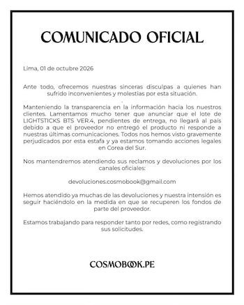 Documento titulado Comunicado Oficial fechado en Lima el 1 de octubre de 2026 con texto explicativo y el logotipo de Cosmobook al pie