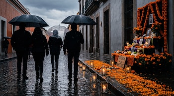 Cuatro personas caminan de espaldas con paraguas por una calle mojada junto a una banqueta con faroles y un altar con flores anaranjadas.