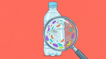 Botella de plástico transparente con tapa celeste. Una lupa sobre la botella muestra microorganismos coloridos y desgaste en la superficie. Fondo coral.