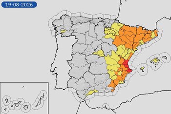 Mapa de avisos por calor para este miércoles, 19 de agosto de 2026. (Aemet)