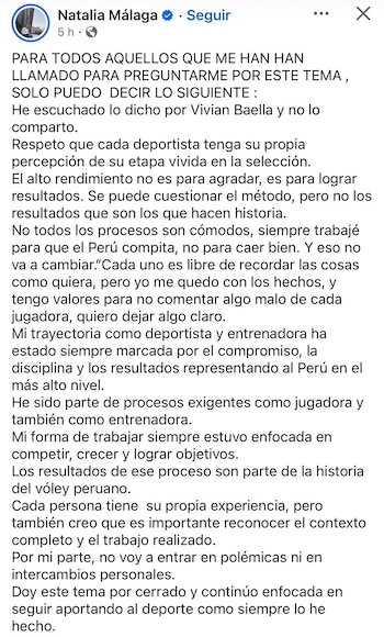 A resposta de Natalia Málaga a Vivian Baella após ela revelar o episódio da seleção peruana de vôlei.