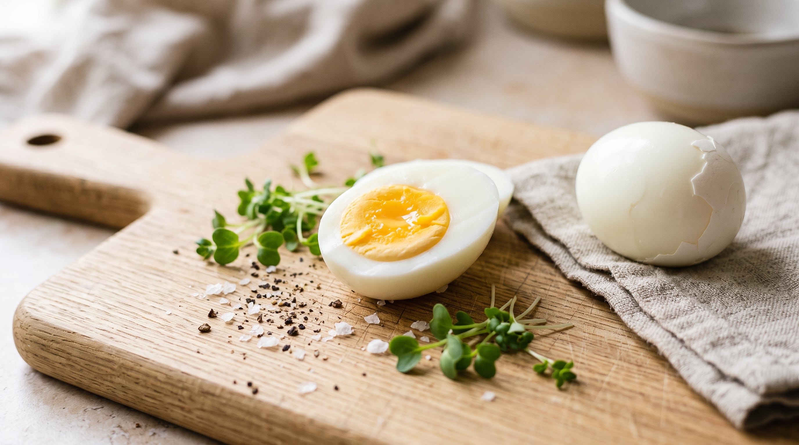 Un huevo duro cortado a la mitad acompaña a otro parcialmente pelado sobre una tabla de madera con pimienta y brotes verdes. (Imagen Ilustrativa Infobae)