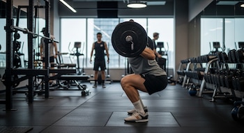 Vista lateral de una persona haciendo sentadilla con barra y pesas en un gimnasio con suelo de goma, máquinas y mancuernas al fondo.
