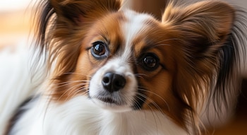Primer plano de un perro Papillon con pelaje blanco y marrón, ojos oscuros, nariz negra y orejas grandes y peludas.